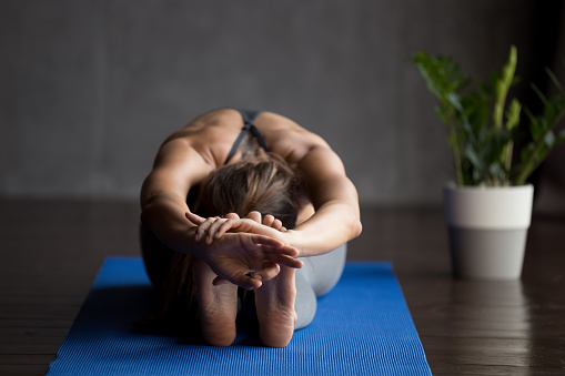 Young sporty woman practicing yoga, doing paschimottanasana exercise, Seated forward bend pose, working out, wearing sportswear, indoor full length, yoga studio